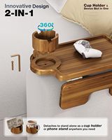 Table d'appoint à clipser pour canapé en bois d'acacia avec rotation à 360° °   Porte-gobelet antidérapant sur accoudoir pour boissons et collations à distance