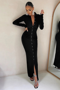 Abiti di alta qualità manica lunga scollo a v increspato <span class=keywords><strong>con</strong></span> <span class=keywords><strong>spacco</strong></span> collo a <span class=keywords><strong>spacco</strong></span> abiti da sera eleganti da donna <span class=keywords><strong>con</strong></span> bottone - Product Image 5