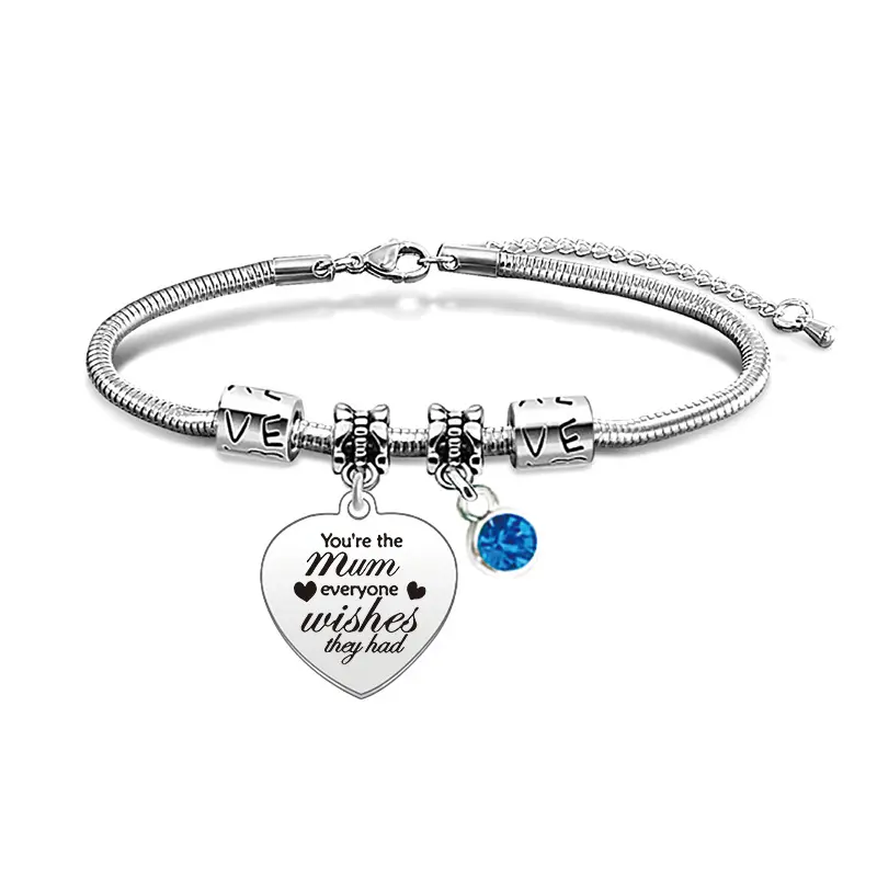 Ywganggu moda personalizada pulseras con colgante de corazón de acero inoxidable con diamantes de imitación para grabar pulsera de regalo del Día de la madre