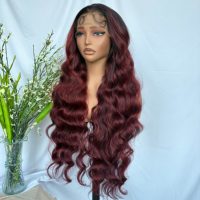 Perruque synthétique KEMY HAIR bordeaux 13*6 HD Lace Premium résistante à la chaleur, 32 pouces de long, boucles profondes, pour femmes noires