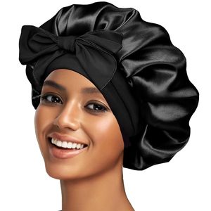 Bonnet en satin, bonnet en soie pour dormir, bonnet ajustable pour femmes aux cheveux bouclés avec bande à nouer - Product Image 1