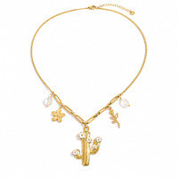 Collar SUMMLY con Colgante de Cactus en Acero Inoxidable Chapado en Oro de 18K, Resistente al Agua, con Cristales y Flores, Estilo Boho, para Mujer