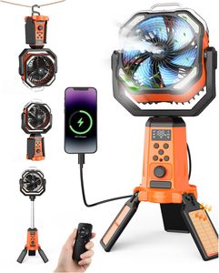 20000mAh Solar Misting Camping Fan Height Adjustable Oscillating Tent Fan with Remote LED <b>Light</b> <b>Timer</b> & Hook for Outdoor Picnic - Product Image 1