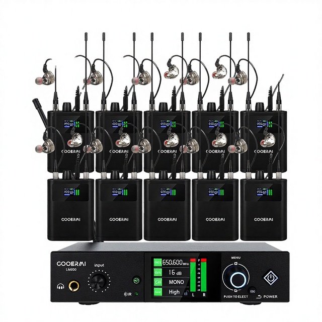GOOERAI LM600 UHF Wireless XLR Lightweight Noise Cancelling Portable In-Ear Monitor System 10-Channel Stereo Color TFT Screen