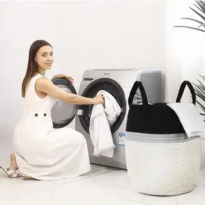 Bedroom Wicker Thickened Collapsible Tall Rope Dirty Clothes laundry Basket Round Rolling Mesh Foldable Storage Bin for Nursery