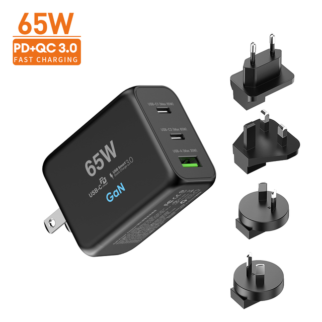 Factory GaN 65W Electric Power Adapter EU/US Plug 2 Ports QC 3.0 Type-C PD OTP Mobile Phone Travel Charger