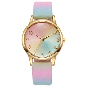 Rainbow Gradient Ladies Quartz Watch Gold <b>Case</b> Leather Strap - Product Image 3