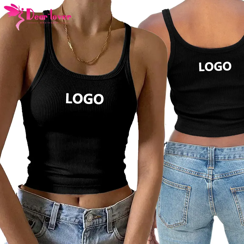 Dear-Lover Custom Logo Wholesale Bulk Summer High Quality Ladies White Black Basic Knit Ribbed Crop Tank Top Women