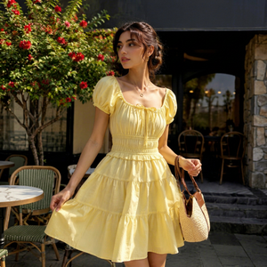 Bulk Women Summer Sundress-100% Cotton Handmade Elegant Puff Sleeve Square Neck <b>Ruffled</b> Tiered Mini <b>Dress</b> for Trendy Casual - Product Image 1