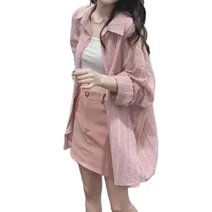 2024 Spring New Korean Edition Pink Stripe Printed Women's Top Design Feeling Small and Medium Weight Coat Shirt Top