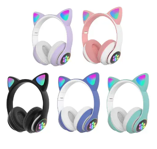 หูฟังไร้สายแฟชั่น STN-28รูปแมวน่ารักชุดหูฟังสำหรับเล่นเกมจอ LED สีสันสดใส