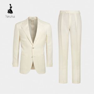 Terno de Linho Branco Creme YZ de Peça Única para Cavalheiros: Traje <span class=keywords><strong>Formal</strong></span> Elegante e Slim para o Dia a Dia no Escritório - Product Image 5