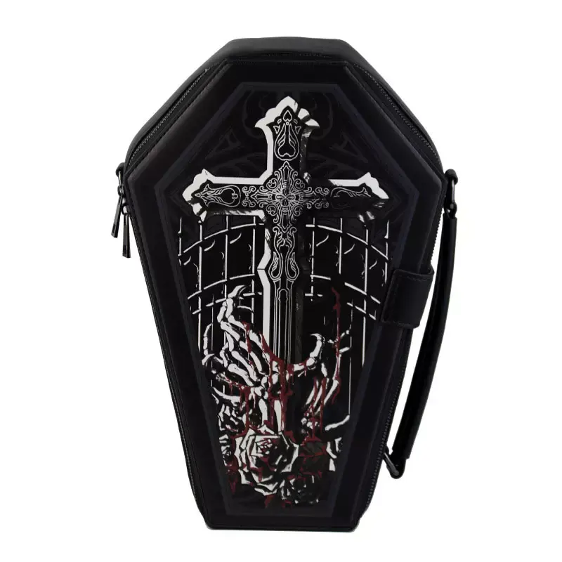 Benutzer definierte Gothic Sarg Form Tasche Vegan PU Leder Cross Shape Printing Rucksack