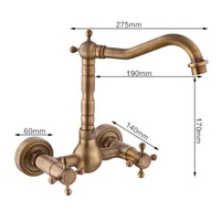 Robinet de lavabo en laiton antique, montage mural, pour cuisine et salle de bain, robinet à double poignée, bec pivotant, eau chaude et froide, avec tuyau de drainage