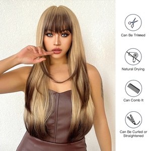 Perruque synthétique longue ondulée dégradée brun-<span class=keywords><strong>blond</strong></span> pour femme, avec frange, effet naturel, résistante à la chaleur, idéale pour les fêtes <span class=keywords><strong>de</strong></span> Noël - Product Image 3