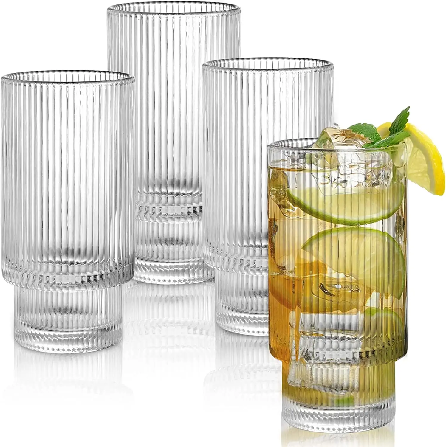 10 OZ Clear Tall Drinking Glasses for Cocktail,Juice, Ribbed Glassware, Crystal Thick Water Glass with Heavy Base for Beverage