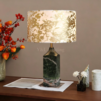 Lampe de table en marbre vert naturel, abat-jour cylindrique en tissu imprimé doré, lampe de bureau décorative de luxe pour hôtel, villa, chambre à coucher