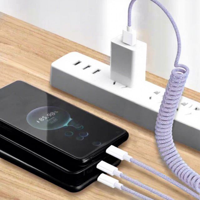 Fast Charge 3 in 1 Retractable Spring Charger Cable Braid Shielding USB to Type C for Android & iPhone for Camera IOS Use