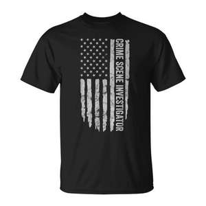 T-shirt d'enquêteur sur les lieux des crimes avec drapeau américain, vêtements noirs sur le thème de CSI pour hommes - Product Image 1