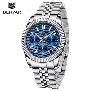 Reloj de cuarzo para hombre Benyar, cronógrafo de acero inoxidable, calendario, esfera azul deportiva luminosa BY-S001 - Product Image 1