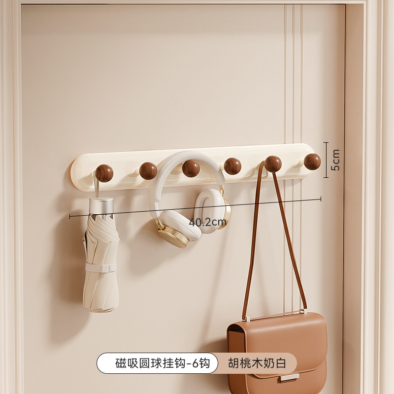 Magnetic hooks (6 hooks) Walnut wood, milky white - magnetic style