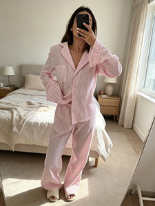 Novedad 2026: Conjunto de Pijama a Rayas de Gasa Crepé 100% Algodón para Mujer Europea, Manga Larga con Volantes en los Puños y Pantalones, Ropa de Estar por Casa - Product Image 3