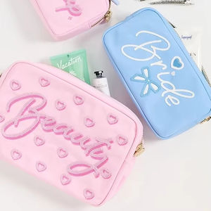 Sacs à cosmétiques avec broderie, pochette en nylon, sac de toilette cosmétique, grand sac à maquillage imperméable en nylon, <span class=keywords><strong>cadeau</strong></span> rose pour <span class=keywords><strong>mariée</strong></span>, sac de toilette de voyage - Product Image 1