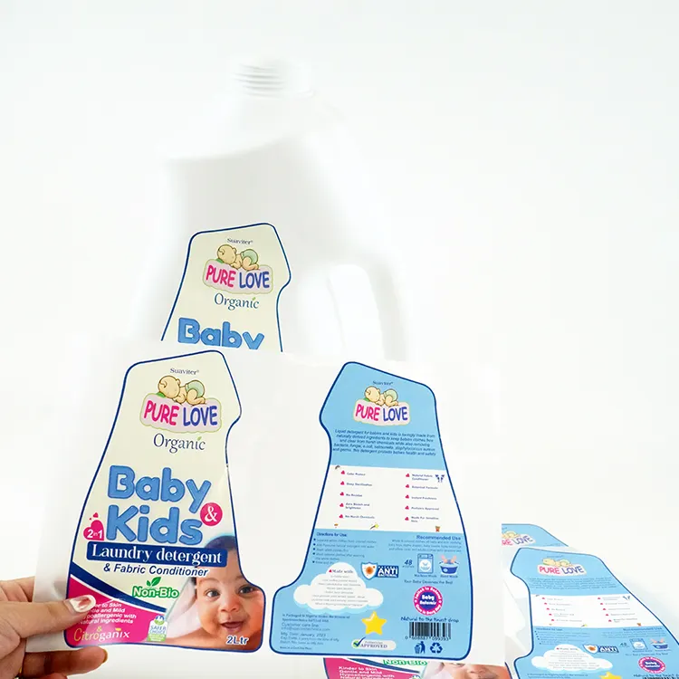 Großhandel gedruckt stark klebend wasserdicht Baby und Kinder Waschmittel Flasche Verpackung Aufkleber Vorder-und Rückseite Etiketten