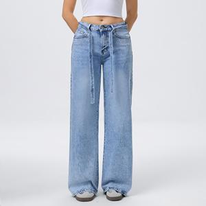 Nuovo modello di jeans a gamba larga da donna con decorazioni in strass, vita alta, versatili e tempestati di strass. - Product Image 1