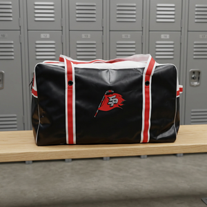 Large Black PVC Hockey <b>Duffel</b> <b>Bag</b> with Red Straps and Custom Logo - Product Image 1