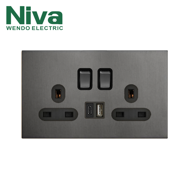 Niva UK Standard Wall Power Socket 13A 220V Copper & Brass 2 Outlets Easy Installation USB Type C for Home Office Hotel Use
