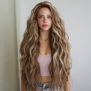 2025 mode Explosions chaudes 13*4 dentelle chameau or faits saillants ondulés cheveux bouclés fibre chimique coiffure SM9204B - Product Image 3