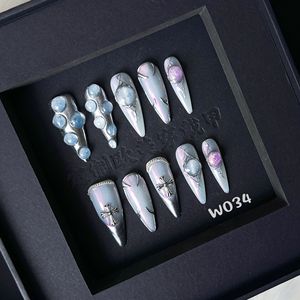 <span class=keywords><strong>Uñas</strong></span> de Gel 3D Estilo Punk, Personalizadas de Fábrica, Forma Almendrada, Plateadas, Pintadas a Mano, con Dijes Esculpidos en 3D, <span class=keywords><strong>Uñas</strong></span> Acrílicas de Cobertura Completa, Punta de Uña Cruzada - Product Image 1