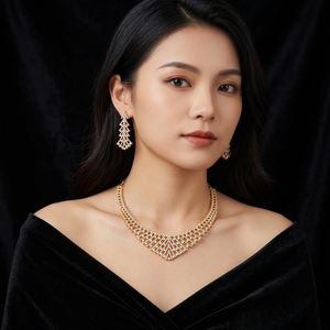 Luxury Gold Plated Brass Cubic Zirconia Jewelry Set Geometric CZ V Shape <b>Statement</b> <b>Necklace</b> Long Drop Earrings Set - Product Image 2