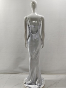 A8824 Estilos de moda Correa de espagueti Mujeres Vestido de novia largo con cuentas Satén Blanco Señoras Vestido de fiesta de cóctel - Product Image 6