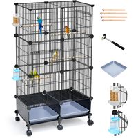 Grande volière modulaire pour perroquets avec base à roulettes en fer, plateau en plastique, perchoirs en bois et deux plateaux coulissants pour petits perroquets en intérieur