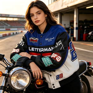 Chaqueta universitaria de motociclismo de alto gramaje al por mayor, estilo retro de carreras, con estampado de logotipo personalizado, tipo bomber, para uso diario en la calle, larga - Product Image 5