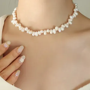 Choker mutiara alami kalung manik-manik mutiara barok untuk wanita perhiasan baja tahan karat kerah kerah kerah