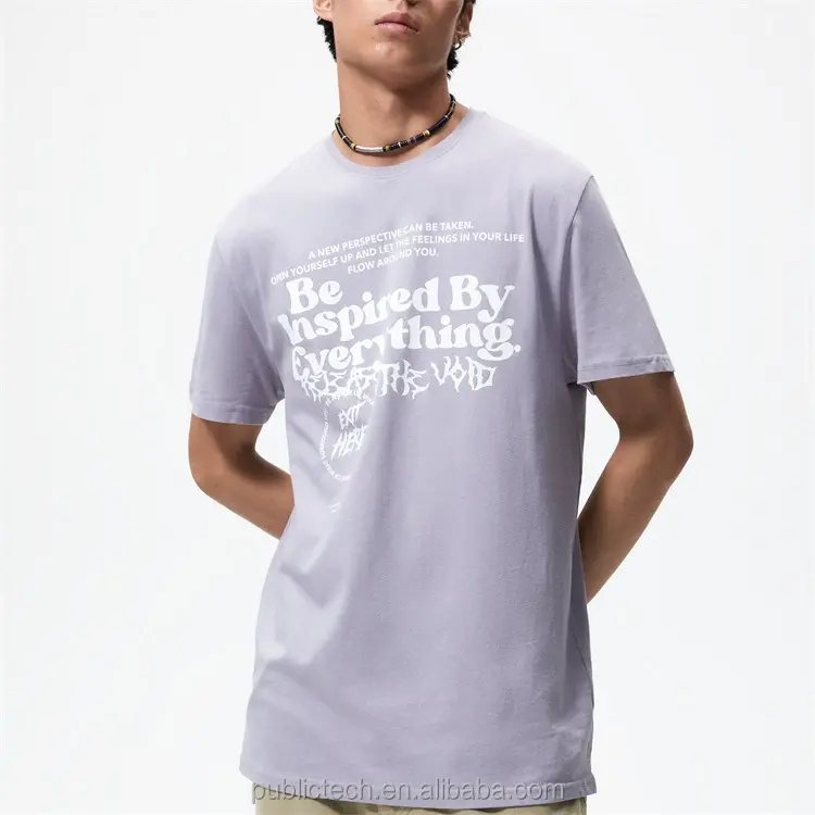 Custom high quality 100% cotton extra long round neck summer light and cool slogan print t-shirt for men