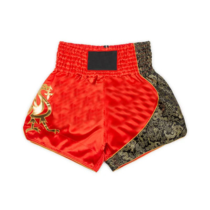 Pantalones Cortos de Muay Thai Unisex Rojos y Negros de Satén con Bordado de Dragón Dorado, Pantalones de Entrenamiento de Kickboxing, Equipo de Combate - Product Image 1