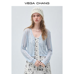 VEGA CHANG Haut en tricot respirant de qualité supérieure, blanc, à découpes, col en V, court, à manches longues, pour <span class=keywords><strong>tenue</strong></span> décontractée et superposée - Product Image 2
