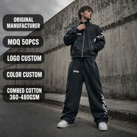 Ensemble de survêtement streetwear pour homme en molleton de coton délavé à l'acide, 480 GSM, avec fermeture éclair, motif graphique, côtelé, épaules tombantes, coupe oversize