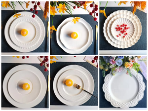 Assiette de service blanche délicate avec bord festonné et motif perlé en relief, service de vaisselle en porcelaine, ensemble d'assiettes en céramique - Product Image 5