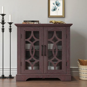 Buffet spacieux de 34,37'' x 15,55'' x 34,06'' avec 2 portes en verre trempé transparent, étagère réglable, en MDF avec finition rouge foncé - Product Image 1
