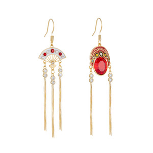 Chinese Style Peking Opera Mask Folding Fan Asymmetrical Tassel Drop Earrings Copper Alloy Gold Plated Party Jewelry - Product Image 5