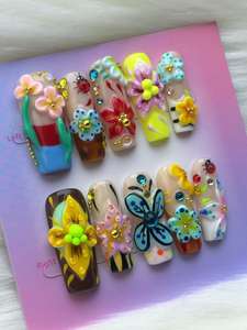 Ongles à presser longs réutilisables ShuangYu personnalisables en acrylique 3D, motif fleur et papillon, forme carrée, hypoallergéniques, application facile, protection renforcée - Product Image 3