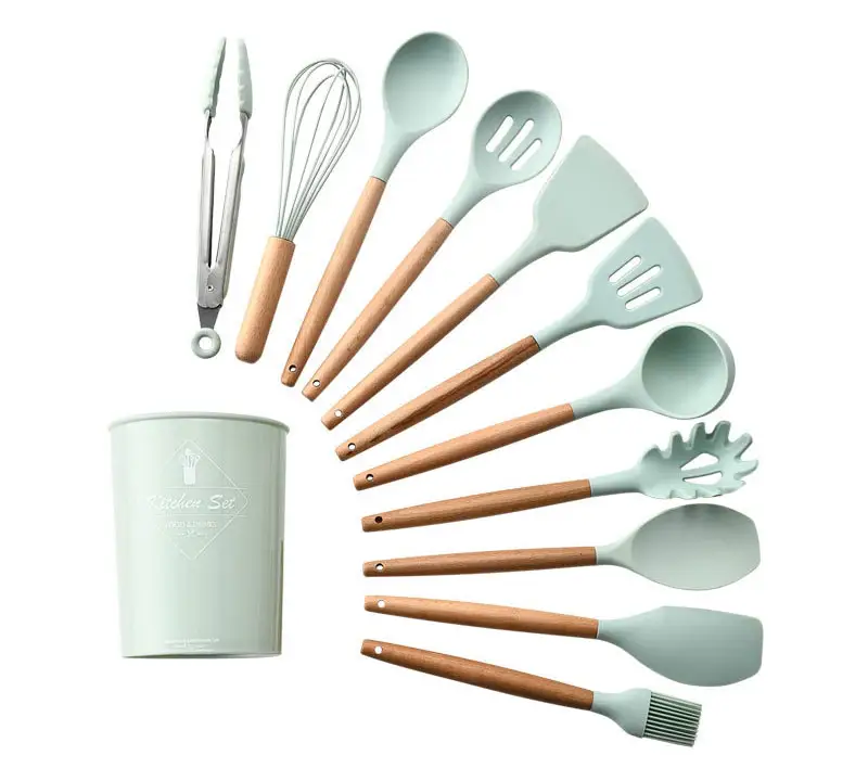 New multicolor kitchen utensils with circular storage bucket wood handle silicone kitchenware 11 Piece Set silicone kitchenware