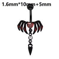 Piercing de nombril en acier inoxydable 316L 14G, motif aile de chauve-souris, cœur rouge et zircon cubique, barbell incurvé à visser à l'intérieur