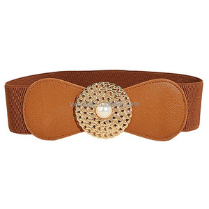 Cintura elastica larga <span class=keywords><strong>Beige</strong></span> con fibbia rotonda in metallo dorato alla moda - Product Image 4