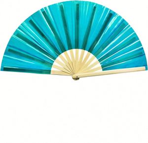 High Quality Satin Foldable Hand Fan Large Rave Under UV Light Holographic Reflective Angel Carving Traditional Style - Product Image 1